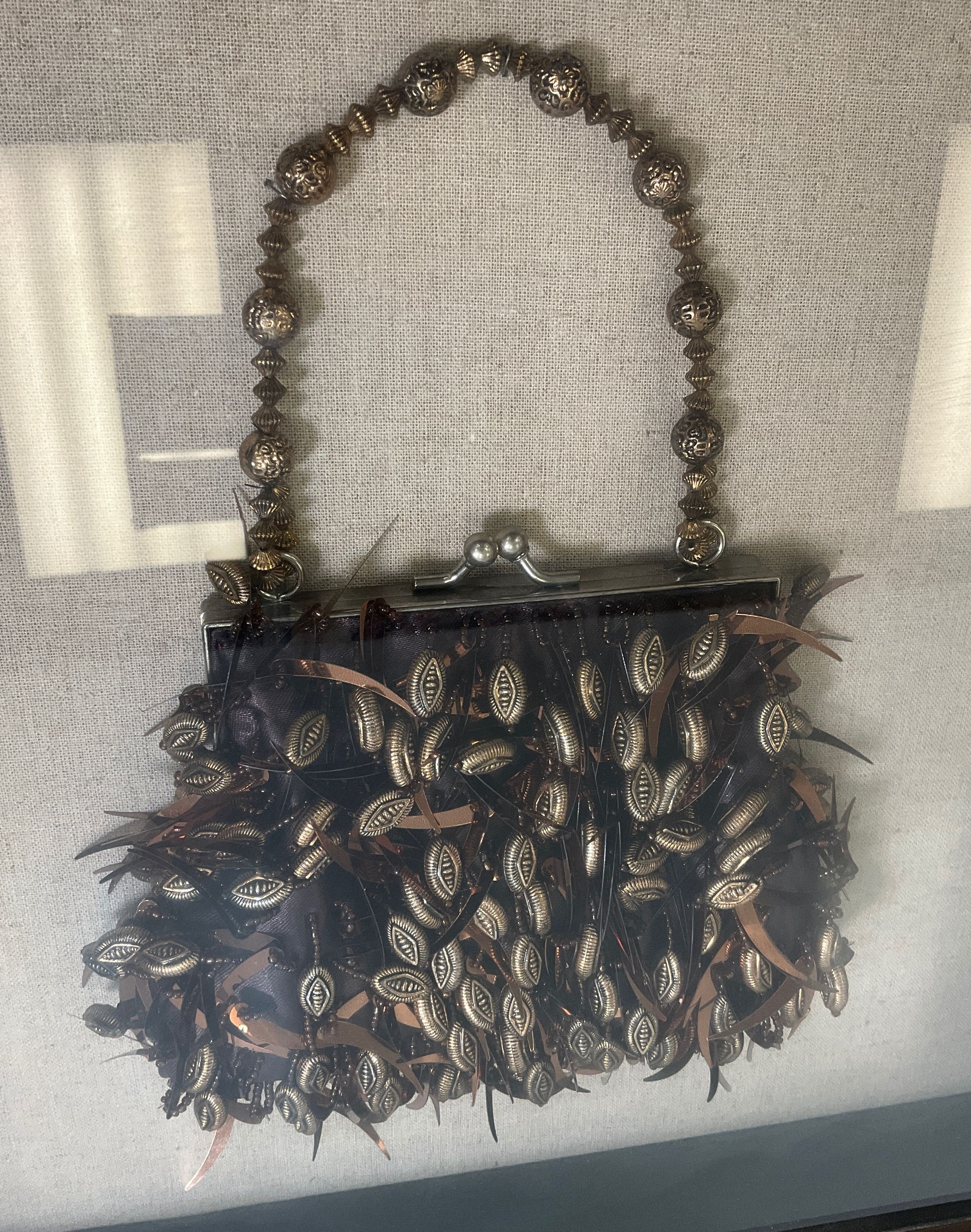 European Antique Bag Replica Black Gold Wood Glass Fabric Metal Shadow Box Art
