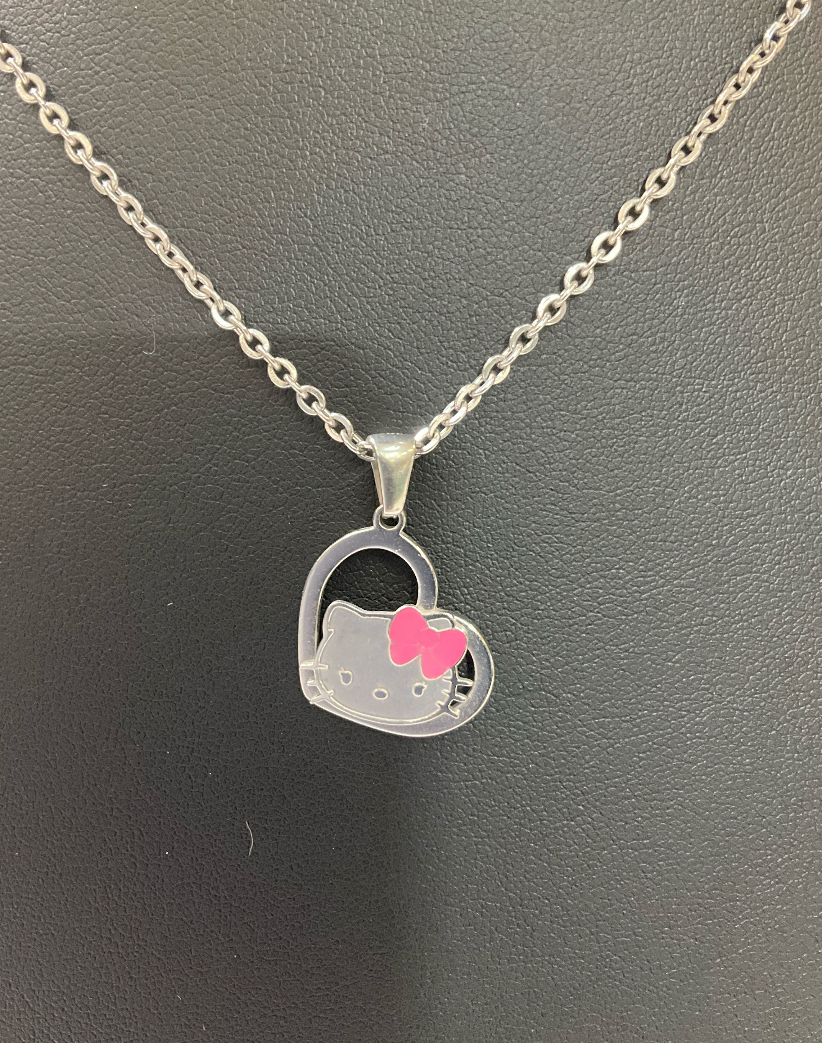 Sanrio Hello Kitty Face in Heart Pendant Stainless Steel Necklace Pink Bow