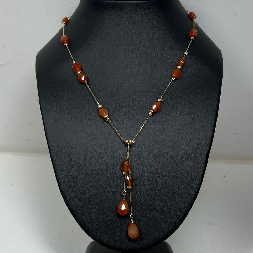 14K Yellow Gold Orange Beaded Y Drop Necklace 7.55g