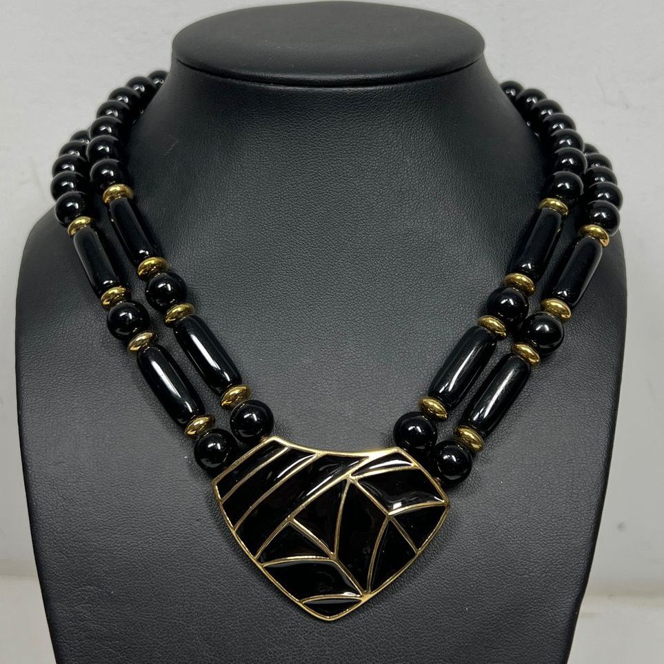 Trifari Black Enamel Gold Tone Pendant Beaded Necklace