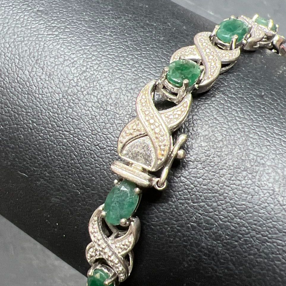 Sterling Silver Green Stone & Diamond Accent Tennis Bracelet 12.3g