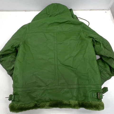 Vintage 90s Tanners Avenue Green Leather Faux Fur Lined Hooded Jacket Sz L