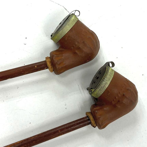 Vintage Lot of 2 Clay Tobacco Pipes Removable Bamboo Stems Lidded Bowls
