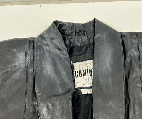 Vintage 90s Comini Black Genuine Leather Long Coat Jacket Women's Size L