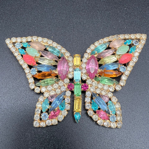 Vintage Large Statement Rhinestone Butterfly Brooch Multi-Color Uranium Glass