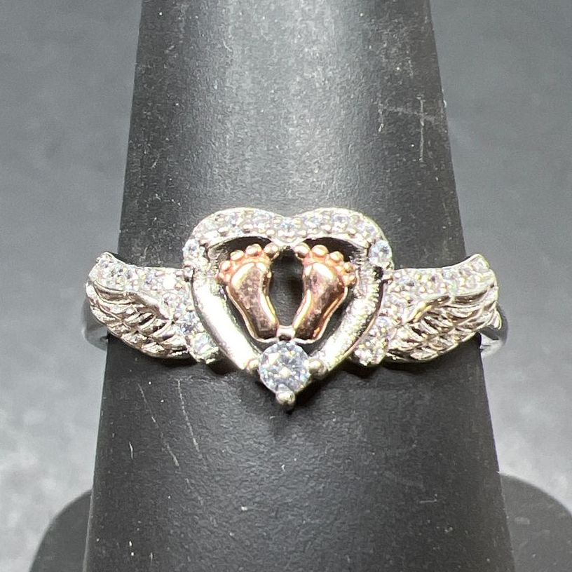 Mommy Of An Angel 925 Sterling Silver Feet Wings Rhinestone Ring Size 8