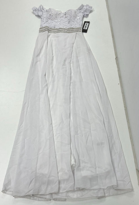 NWT La Scala Sequin Lace Off Shoulder Maxi Gown White Made in USA Sz S