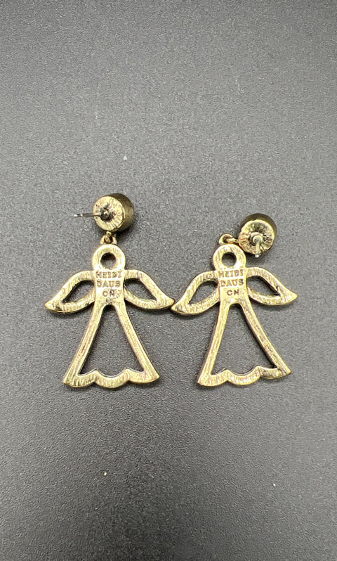 Heidi Daus Signed Gold Tone AB Crystal Pave Angel Dangle Earrings 1.5"