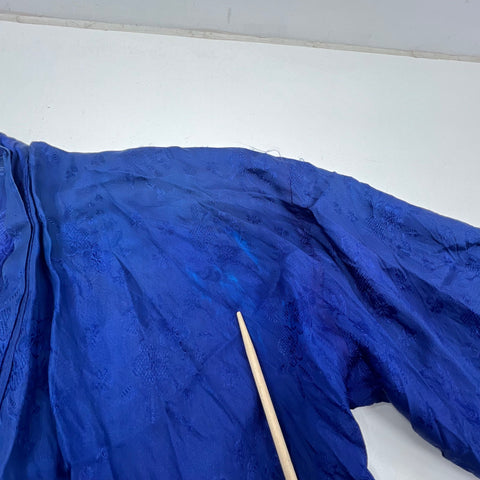 Vintage Japanese Dragon Embroidered Souvenir Robe Jacket Blue Rayon Mid-Century