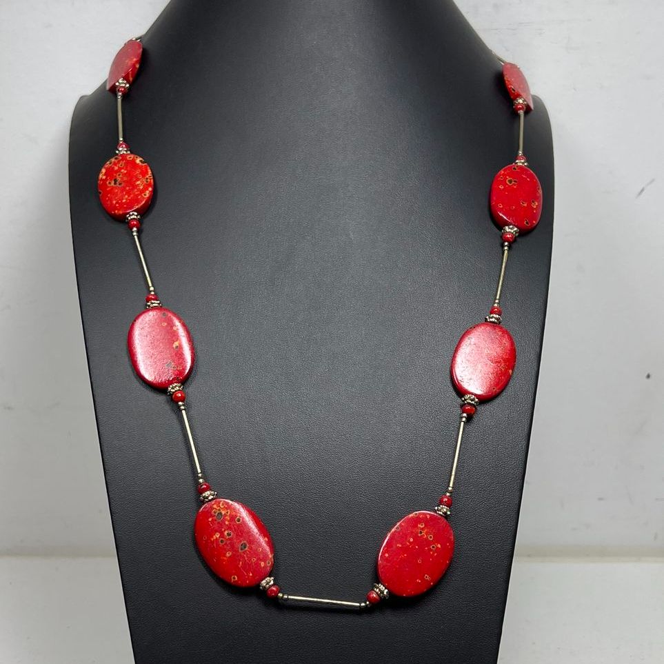 Oval Red Coral Beaded Necklace