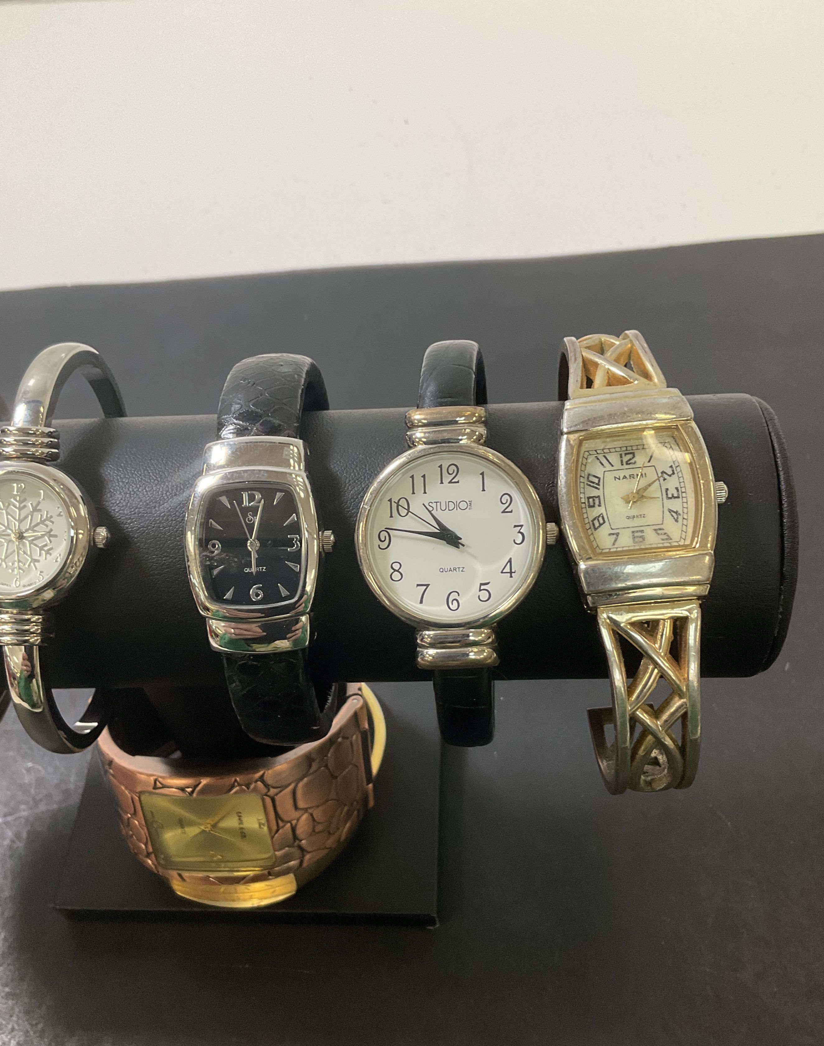 Lot of Nine Women's Cuff Watches Wristwatches Silver Tone Gold Tone UNTESTED