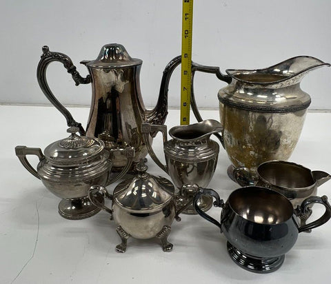 Universal Silver Plate Holloware Lot 7 Pcs Coffee Pot Creamers Sugar Bowls
