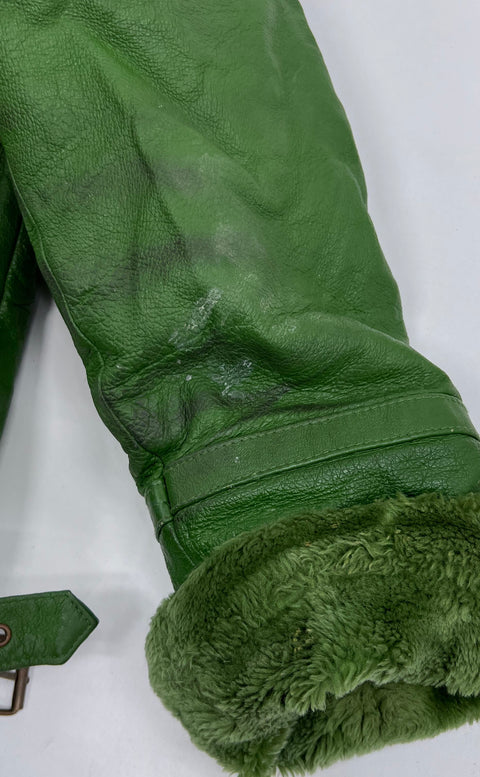 Vintage 90s Tanners Avenue Green Leather Faux Fur Lined Hooded Jacket Sz L