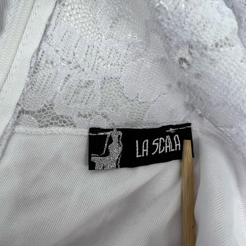 La Scala White Sequin Lace Bodice Rhinestone Formal Gown Dress Women's M