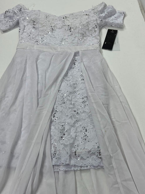 NWT La Scala Sequin Lace Off Shoulder Maxi Gown White Made in USA Sz S
