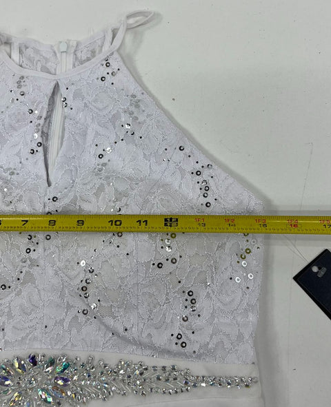 Lot of 2 La Scala White Halter Gown Jeweled Lace Bodice Prom Formal Dress