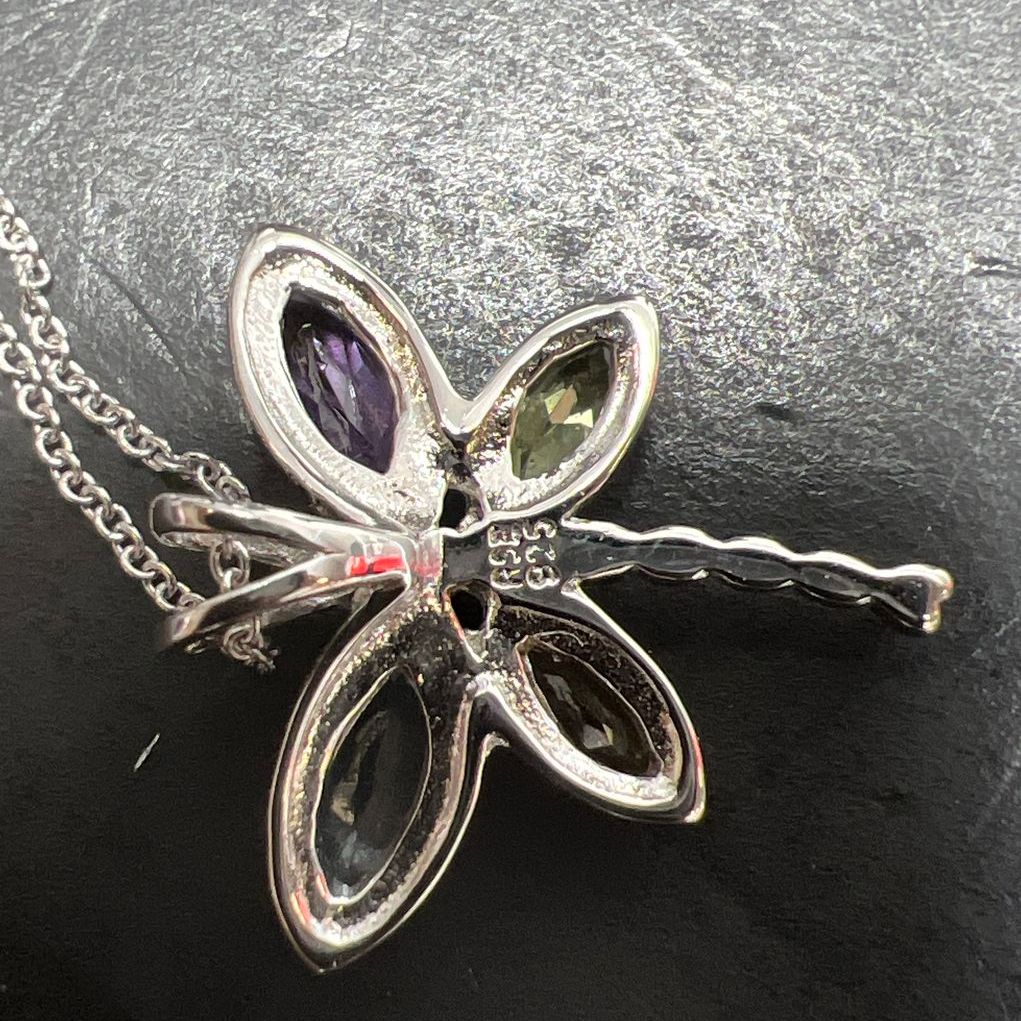 Platinum Over Sterling Silver Gemstone Dragonfly Necklace 3.28g NIB
