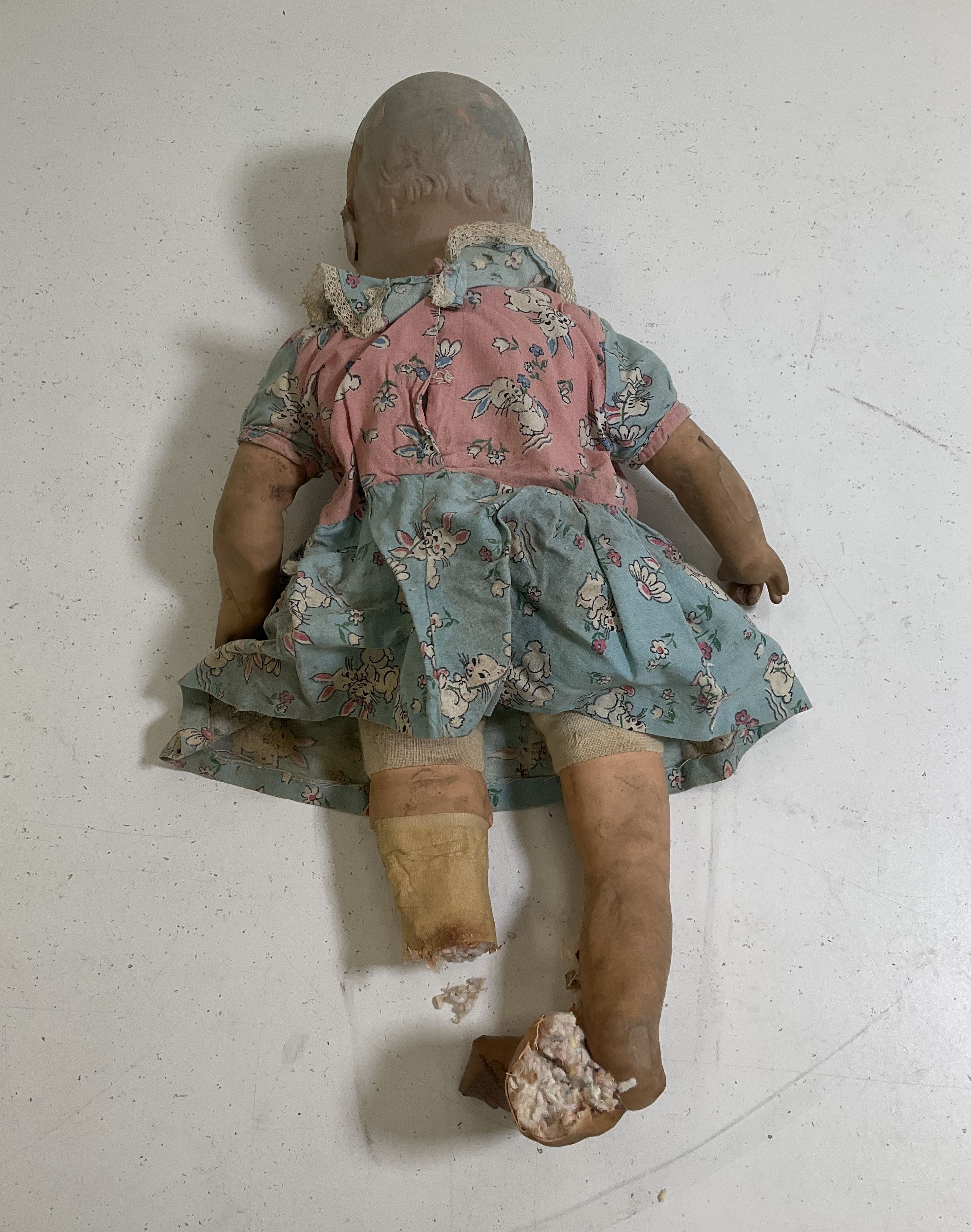 Vintage Pink Blue Dress Cloth Stuffed Baby Doll Damaged Fair Poor Condition 16"