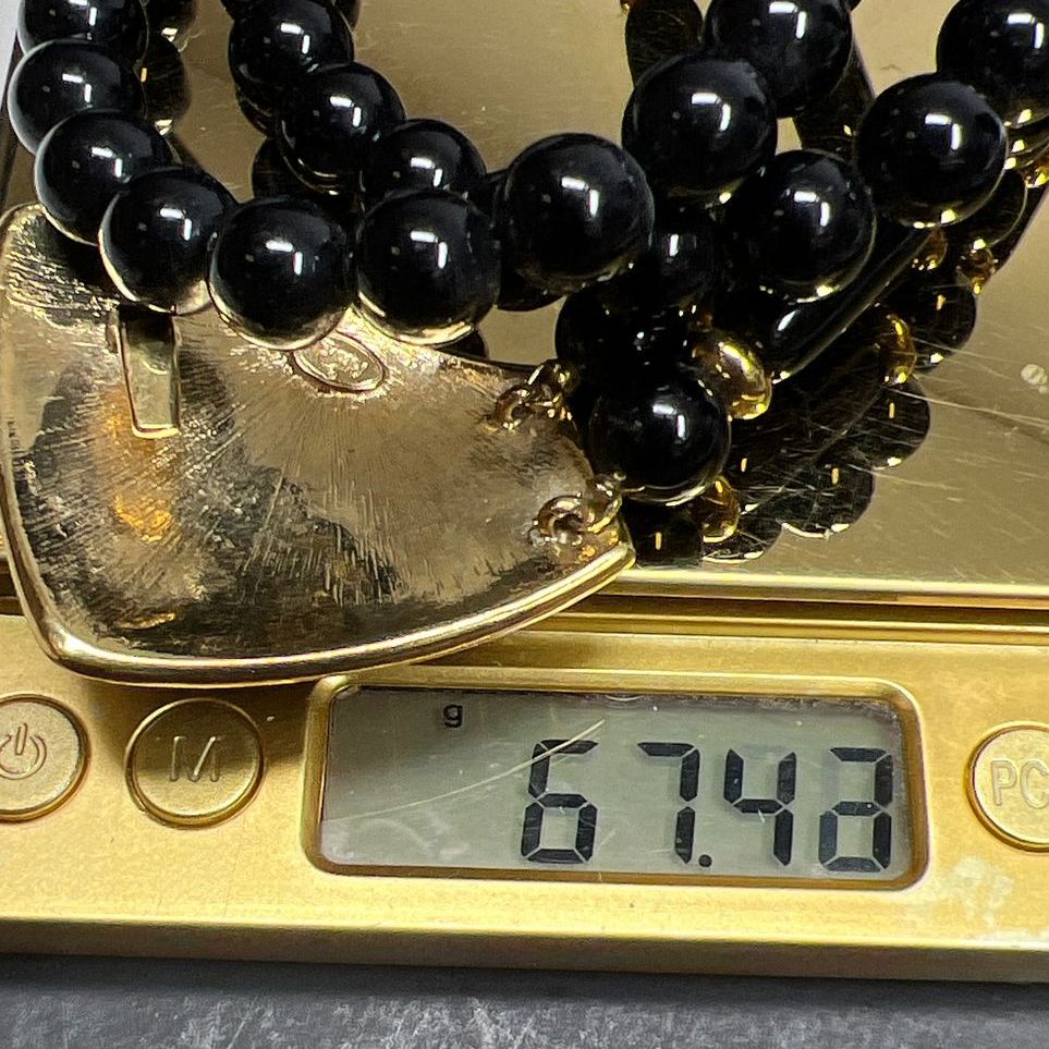 Trifari Black Enamel Gold Tone Pendant Beaded Necklace