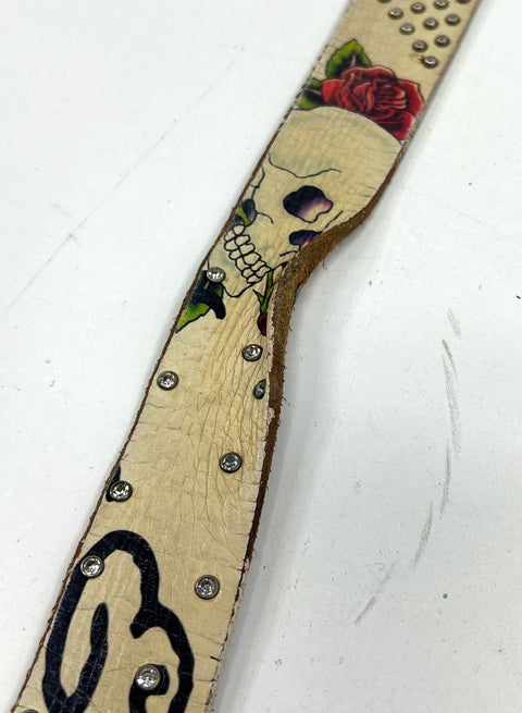 Vintage Y2K Ed Hardy Cream Skull Rose Tattoo Rhinestone Studded Leather Belt 45