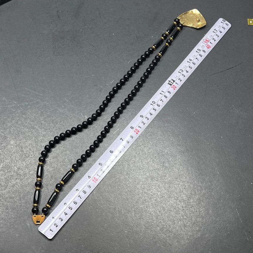 Trifari Black Enamel Gold Tone Pendant Beaded Necklace