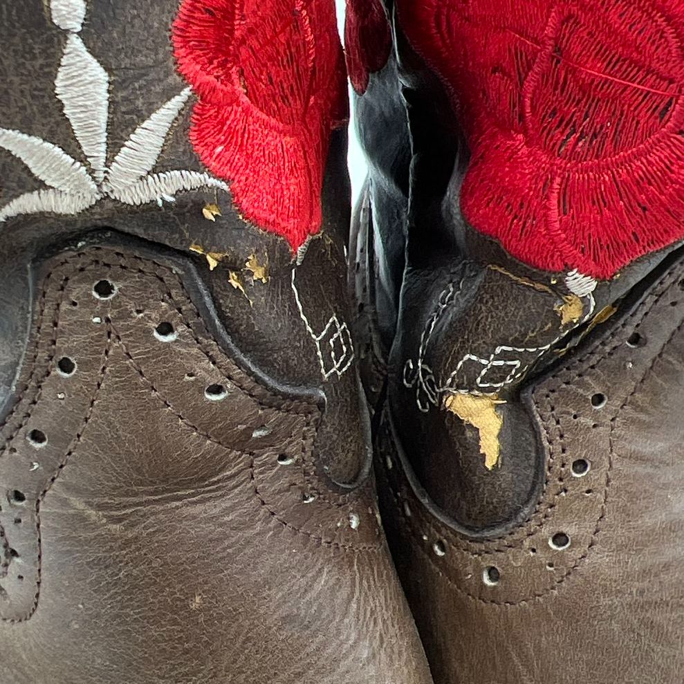 Verthali Women's Brown Floral Embroidered Faux Leather Cowboy Boots Size 9.5