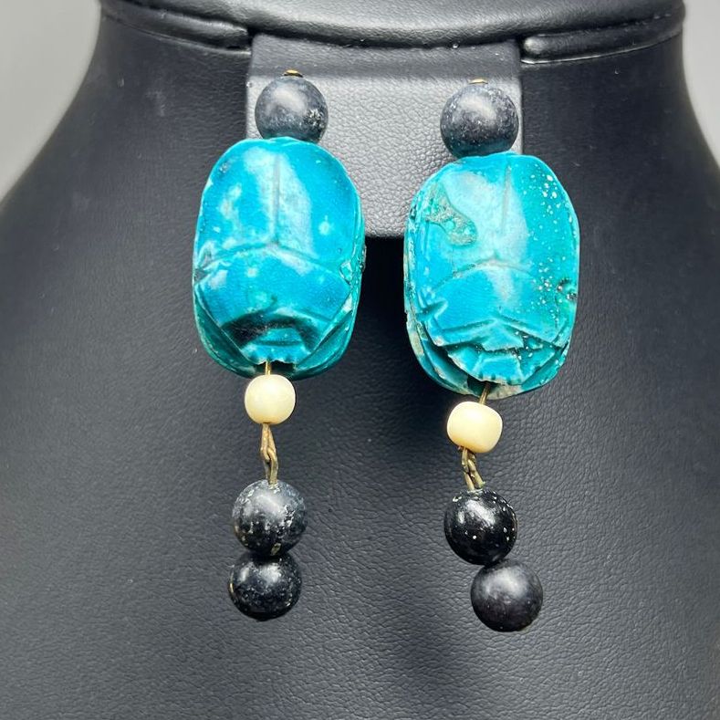 Blue Scarab Beetle Beaded Earrings & Necklace Set