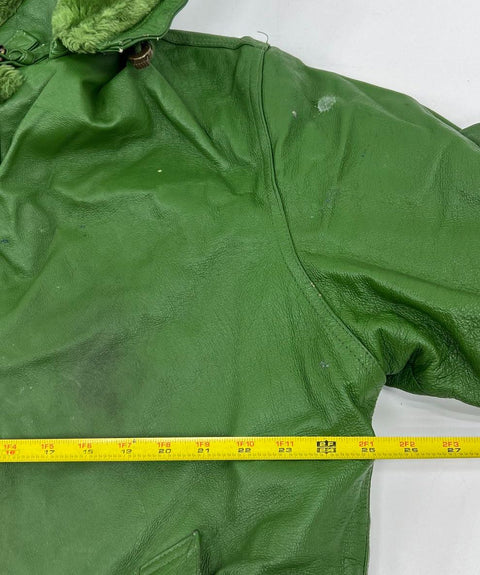 Vintage 90s Tanners Avenue Green Leather Faux Fur Lined Hooded Jacket Sz L