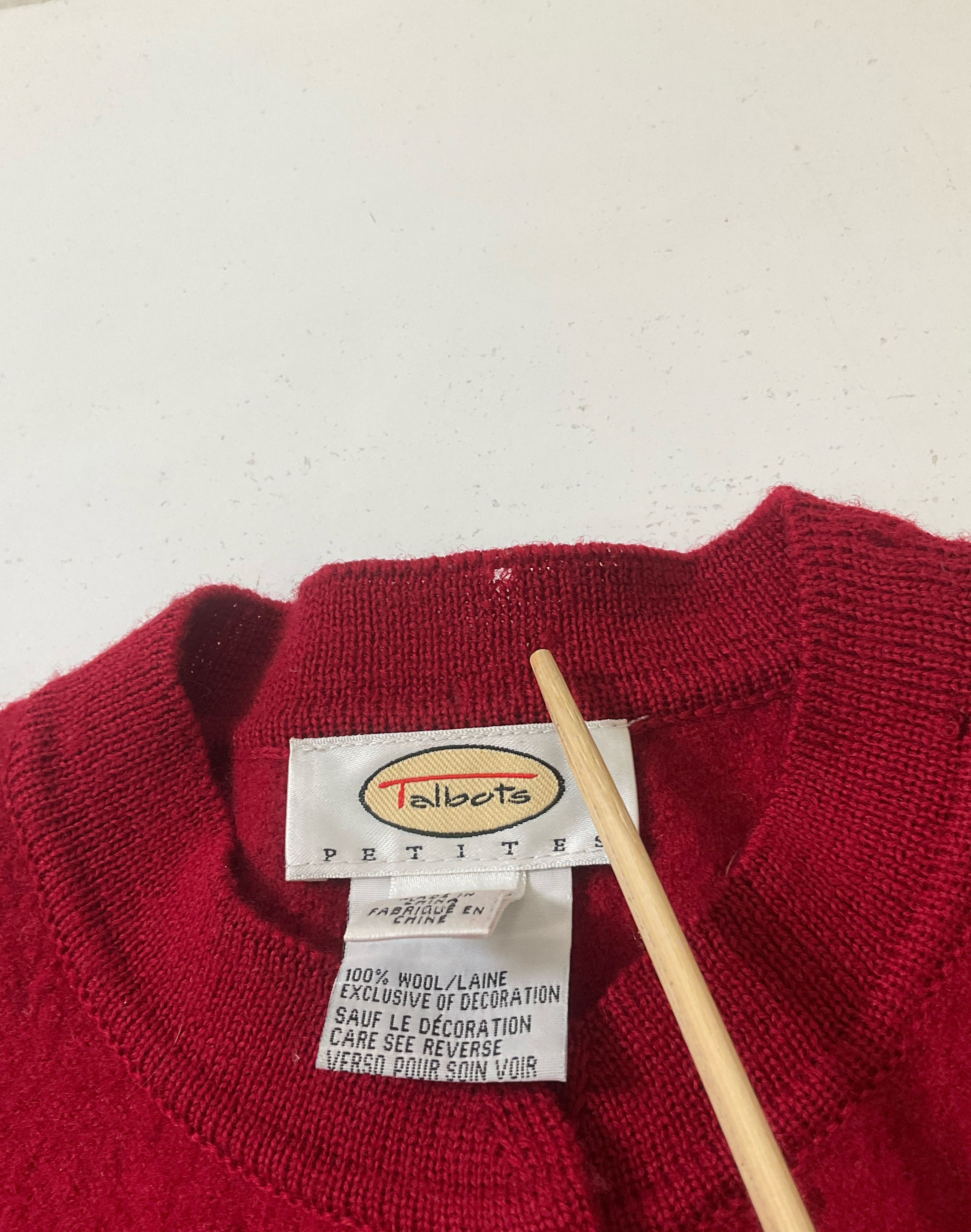 Talbots Women's Red Embroidered Topiary Cardigan 100% Wool Size Petite M Vintage