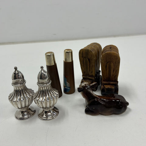 Vintage Salt & Pepper Shaker Lot Silver Plate Wood Ceramic 5 Sets NOS Boxed