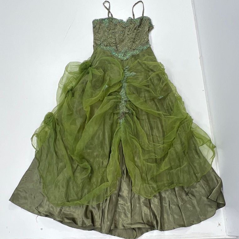Women's Cherlone Olive Sequined Green Overlay Sleeveless Fantasy Dress - Size 8