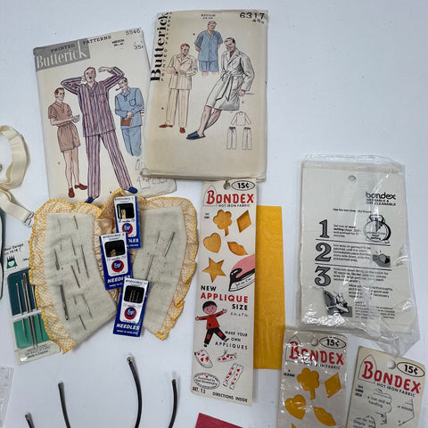 Vintage Sewing Lot Butterick Patterns Bondex Patches Boye Needles Notions