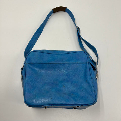 Vintage 70s Samsonite Blue Faux Leather Flight Bag Carry On Satchel Silver Tone
