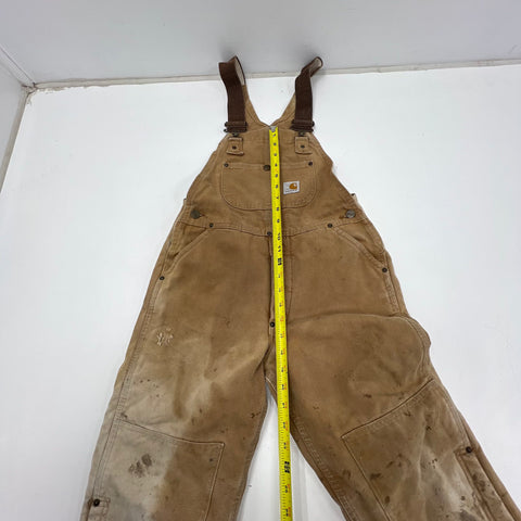Carhartt Brown Quilt Lined Double Front Distressed Bib Overalls Kids Youth 26W