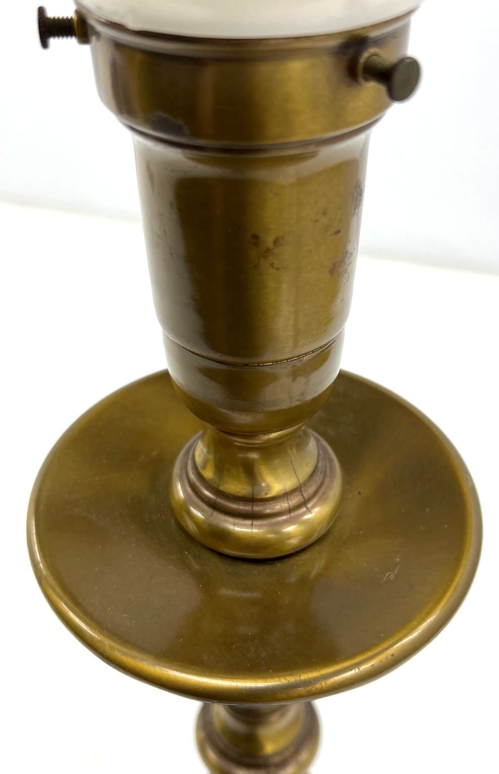 Vintage Brass Spindle Table Lamp Ribbed White Glass Shade 22" Tested Working