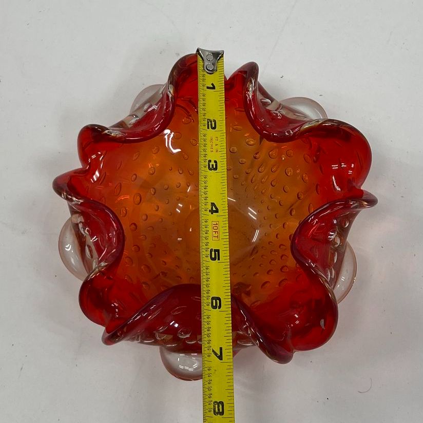 Collectible Red Orange Sunburst Murano Hand Blown Glass Art Shallow Dish