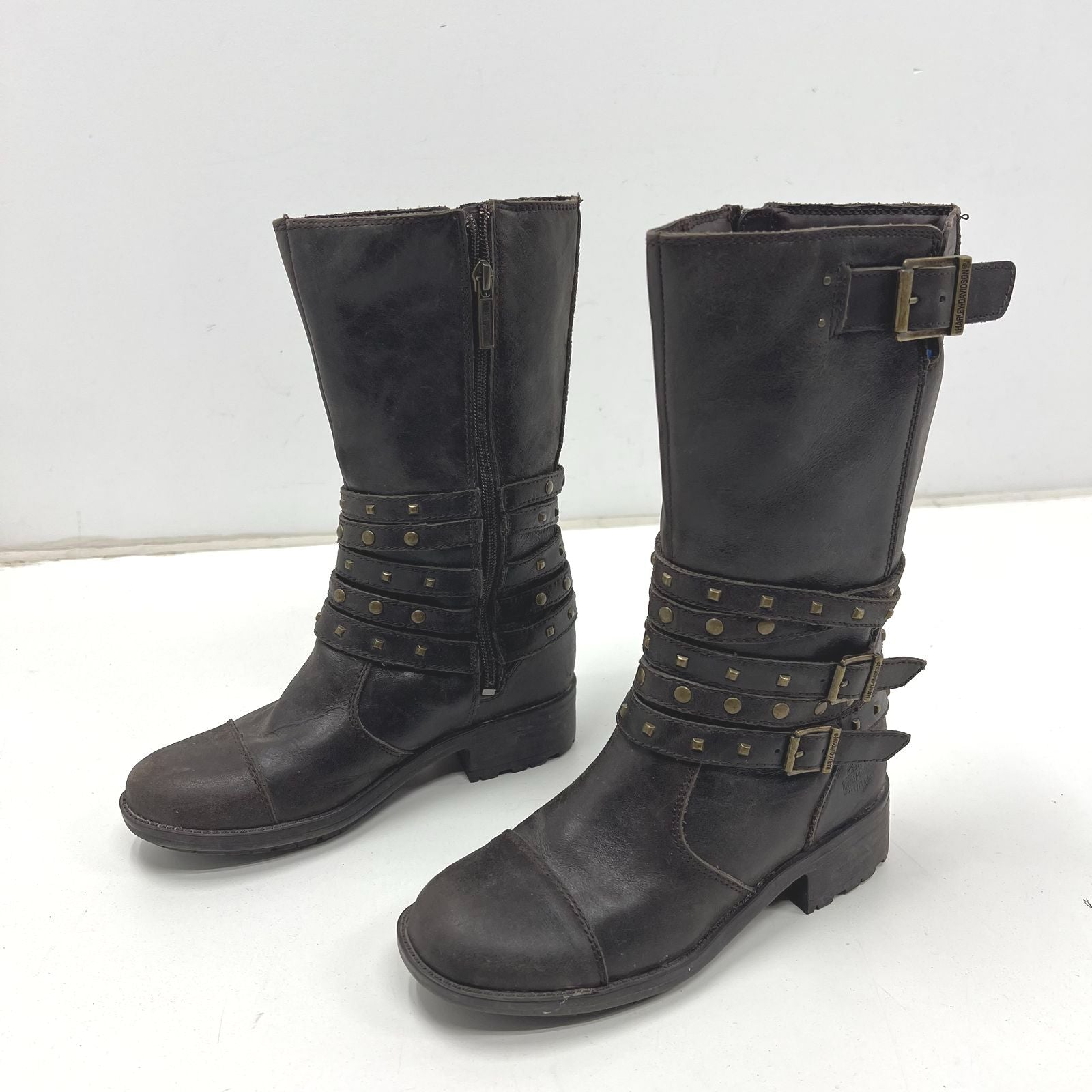 Harley-Davidson Robbie Brown Leather Studded Moto Biker Boots Womens Sz 5.5