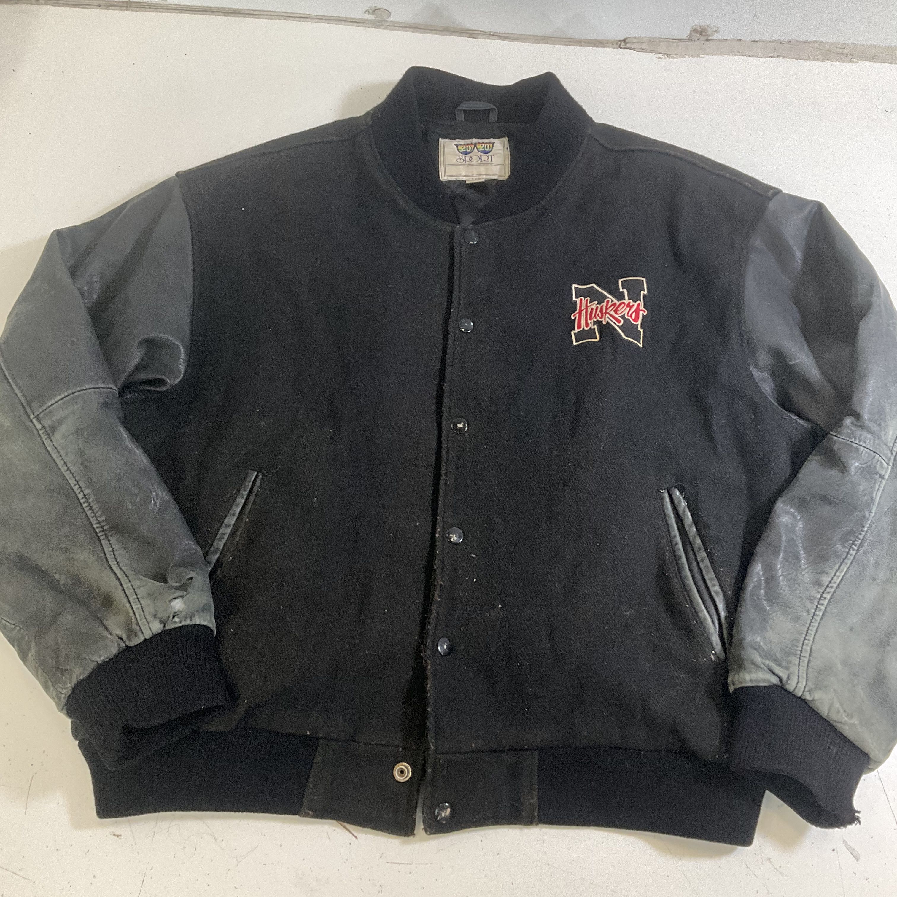 Vintage 80s Nebraska Huskers Wool Leather Varsity Jacket Distressed Size L