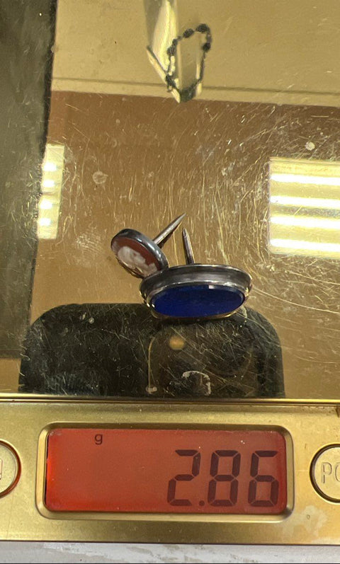 Vintage Silver Tie Tack Lot Hand Carved Cameo & Polished Lapis Lazuli Stone