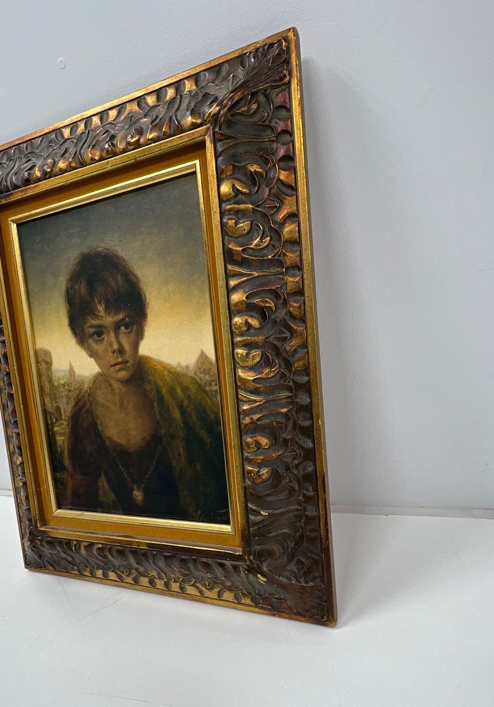 Vintage Joseph Wallace King Vinciata Framed Print of Boy Claudio Gold Tone Frame