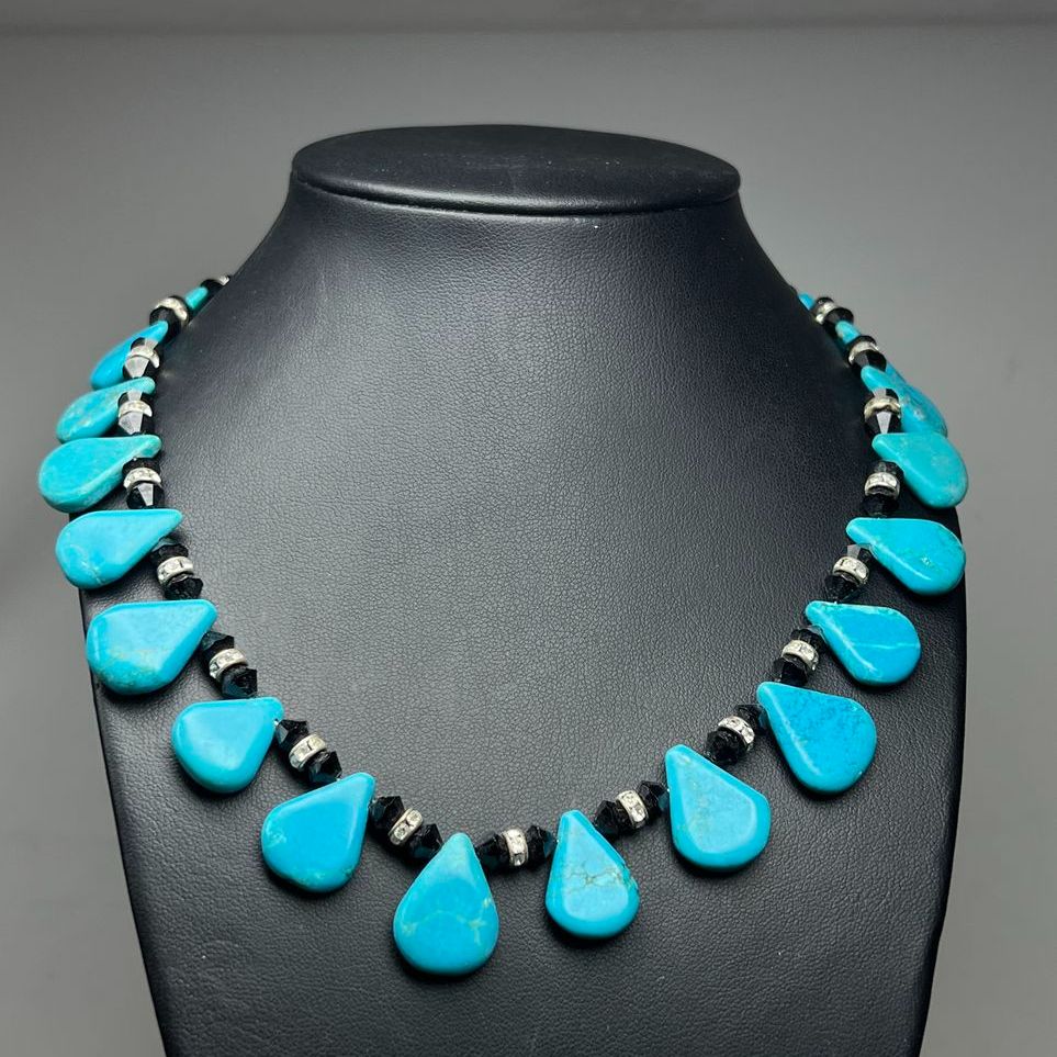 Turquoise Drop Black Beaded & Rhinestone Necklace