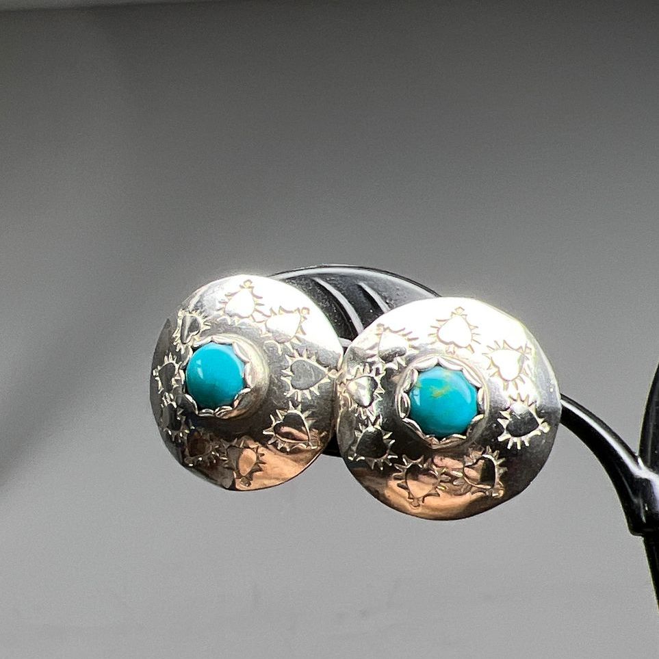 Sterling Silver Engraved Round Turquoise Earrings