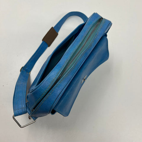 Vintage 70s Samsonite Blue Faux Leather Flight Bag Carry On Satchel Silver Tone