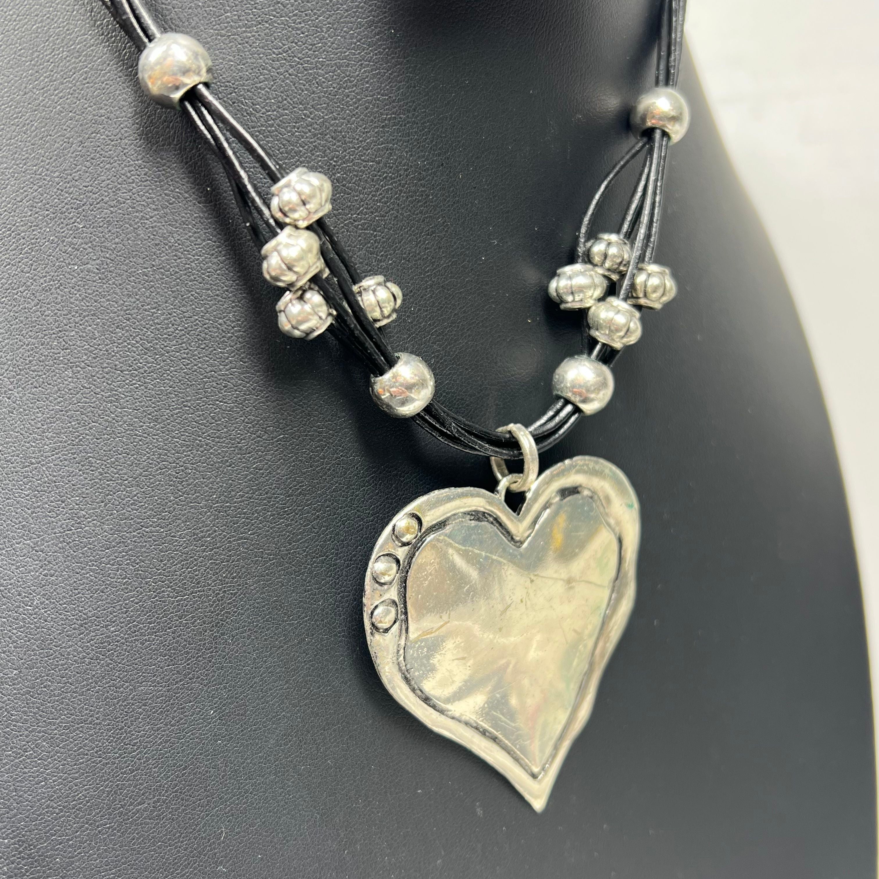 Vintage Ganz Heart Necklace Heart Pendant Silver Tone Black Cord