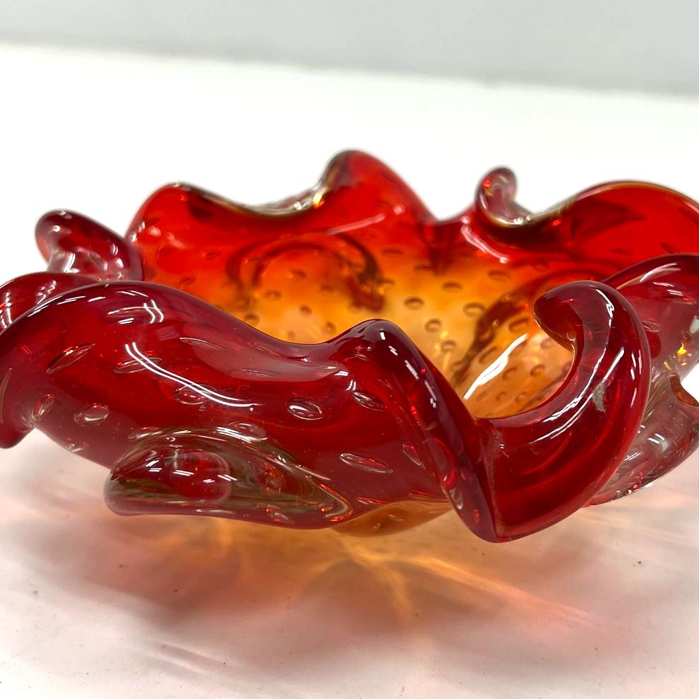 Collectible Red Orange Sunburst Murano Hand Blown Glass Art Shallow Dish