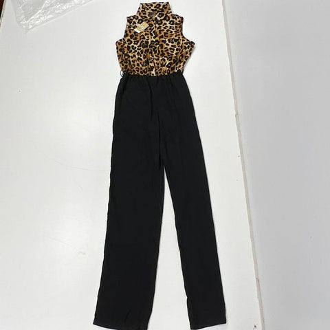NWT Suzanne Betro Brown Leopard Print Sleeveless Shirt Jumpsuit Women's Size S