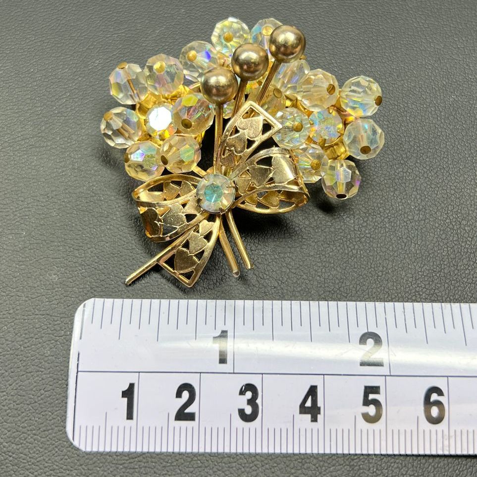 Vintage Aurora Borealis Crystal Bead Bouquet & Bow Gold Tone Brooch