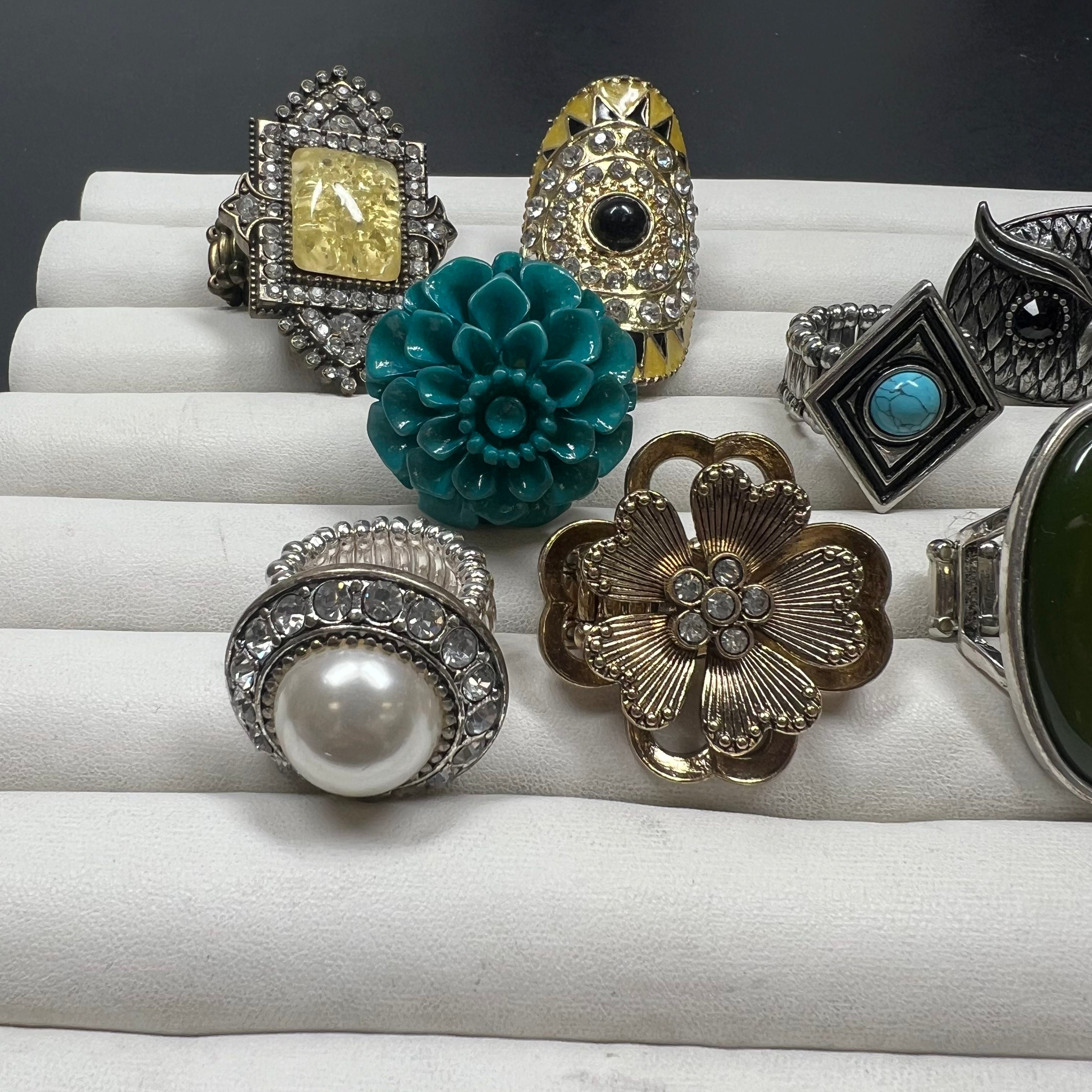 Lot of 9 Costume Cocktail Rings Elastic Large