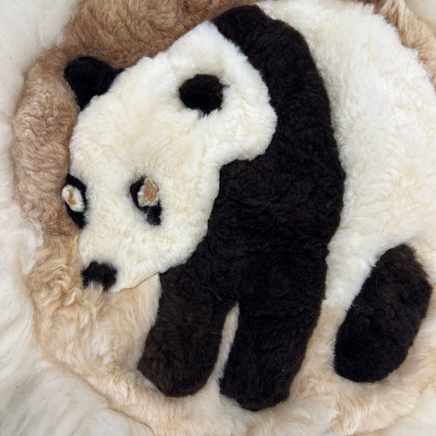 Vintage Panda Bear Real Fur Tapestry Wall Hanging Rug Sheepskin Folk Art 18"