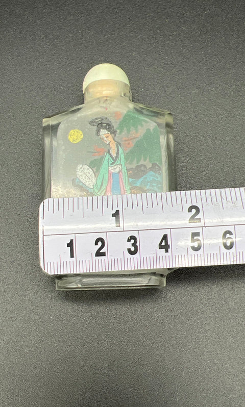 Vintage Chinese Reverse Painted Glass Snuff Bottle Geisha Landscape with Box